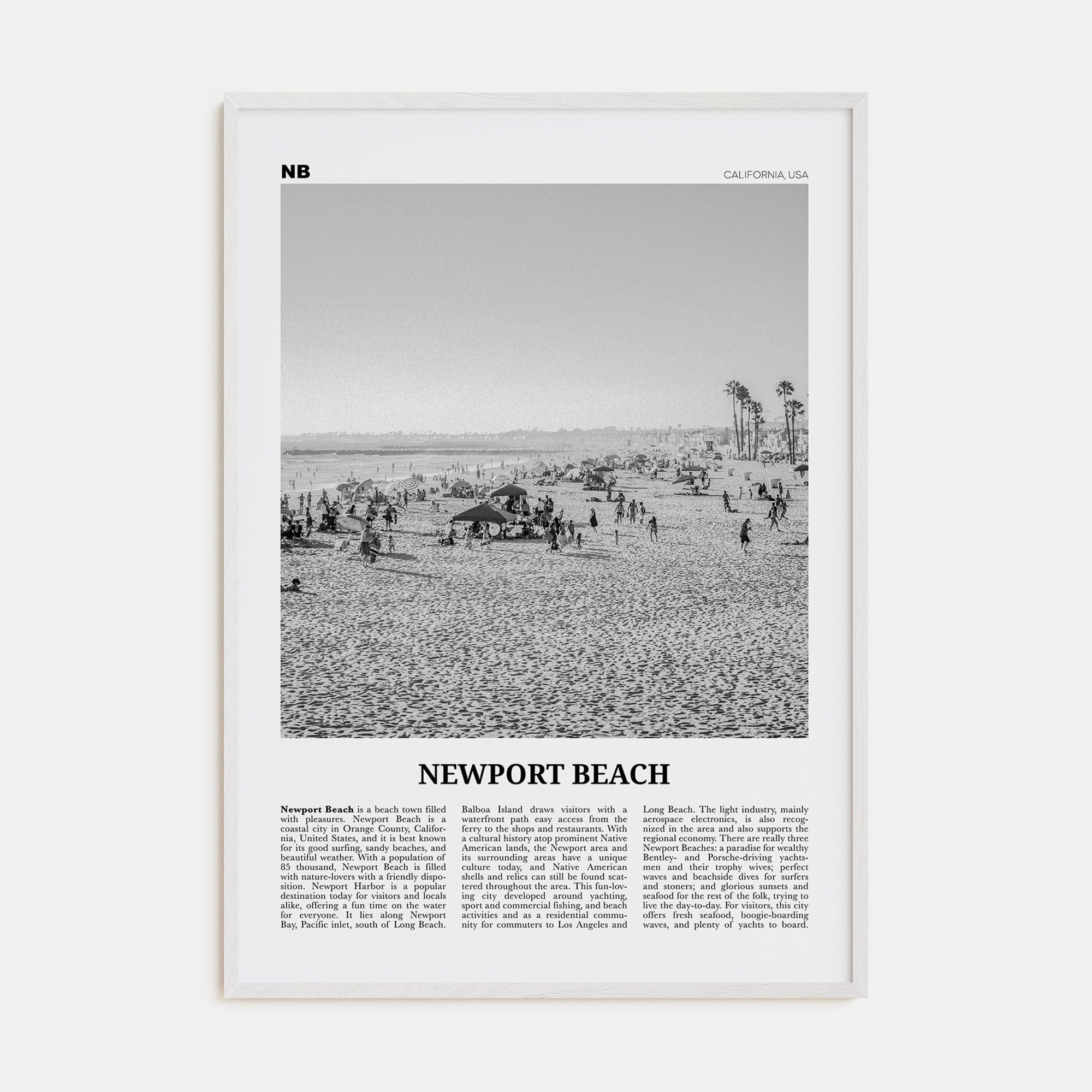 Newport Beach No 1 Poster White Wood / 8x12 in Nbourhood Travel B&W Poster