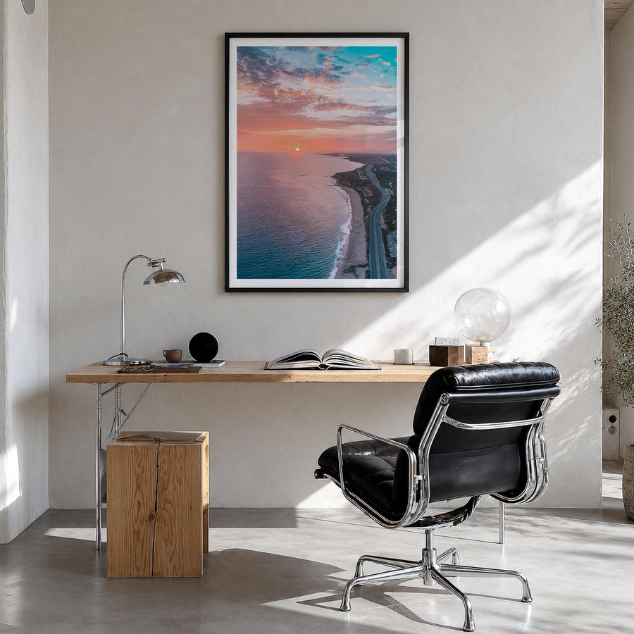 Newport Beach no. 4 colorful photo poster of California, USA – vertical wall art in black wood frame with white border, hangi