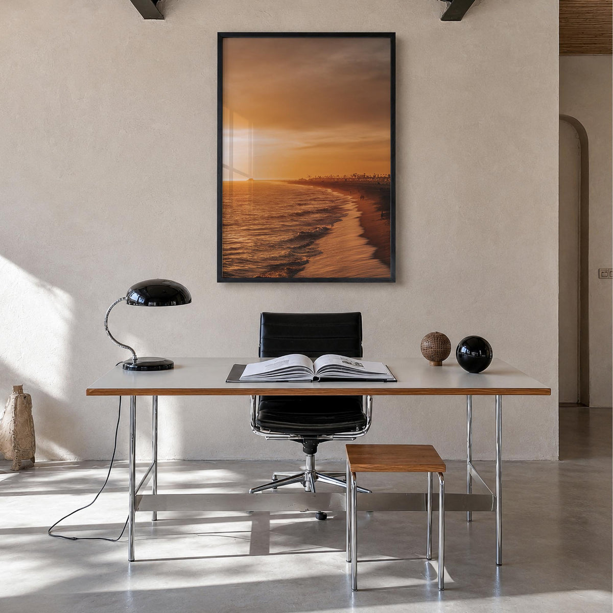 Newport Beach no. 5 colorful photo poster of California, USA – vertical wall art in black wood frame, hanging on wall