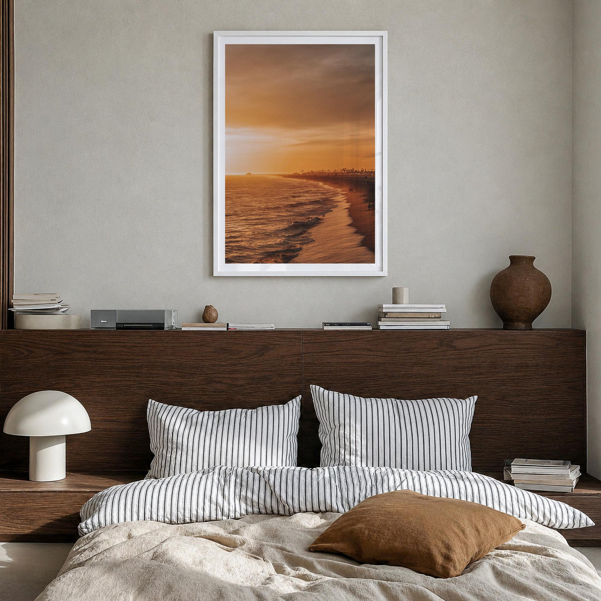 Newport Beach no. 5 colorful photo poster of California, USA – vertical wall art in white wood frame with white border, hangi