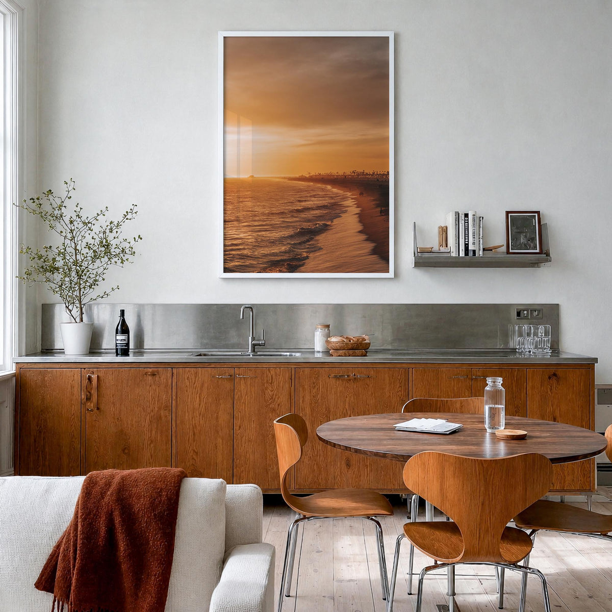 Newport Beach no. 5 colorful photo poster of California, USA – vertical wall art in white wood frame, hanging on wall
