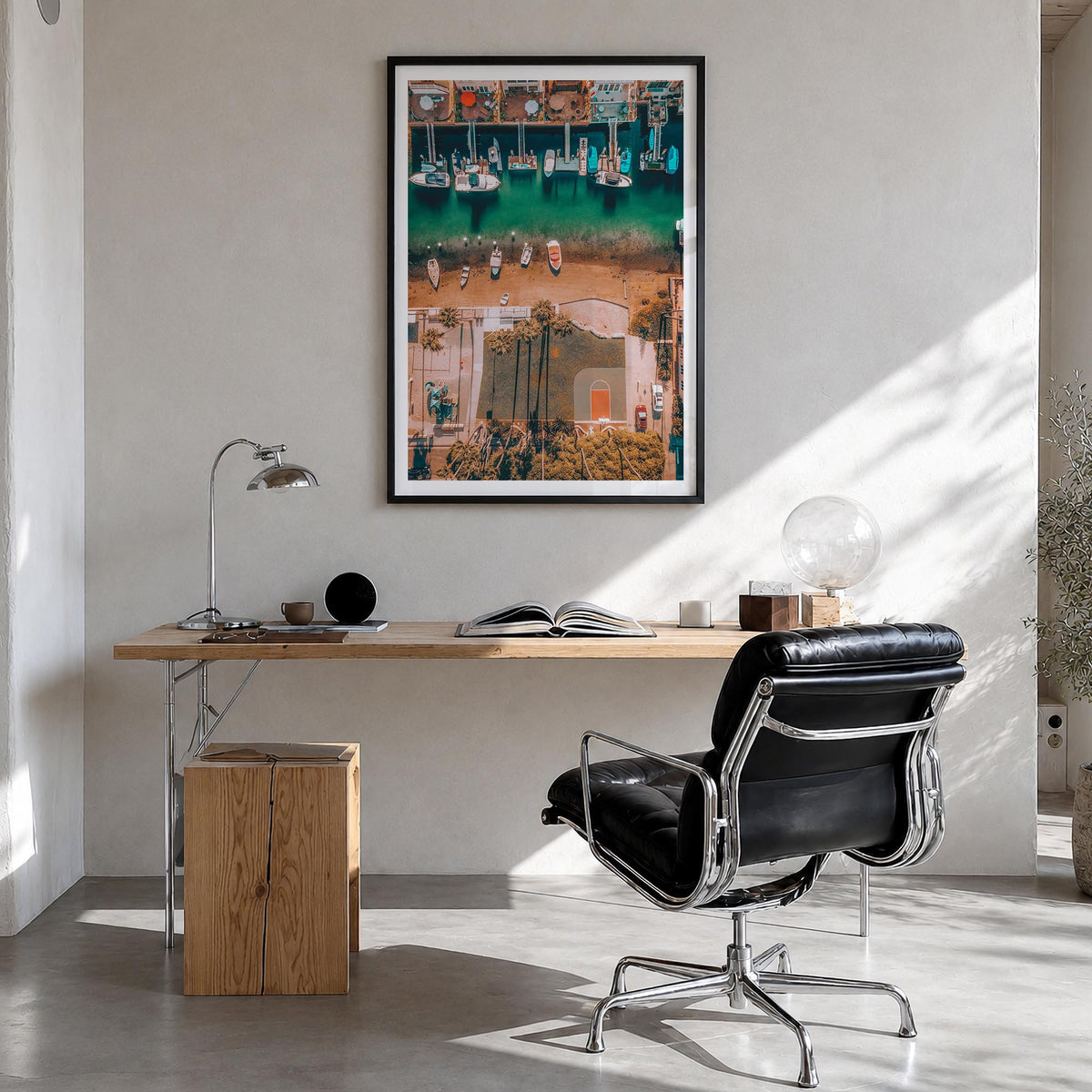 Newport Beach no. 6 colorful photo poster of California, USA – vertical wall art in black wood frame with white border, hangi