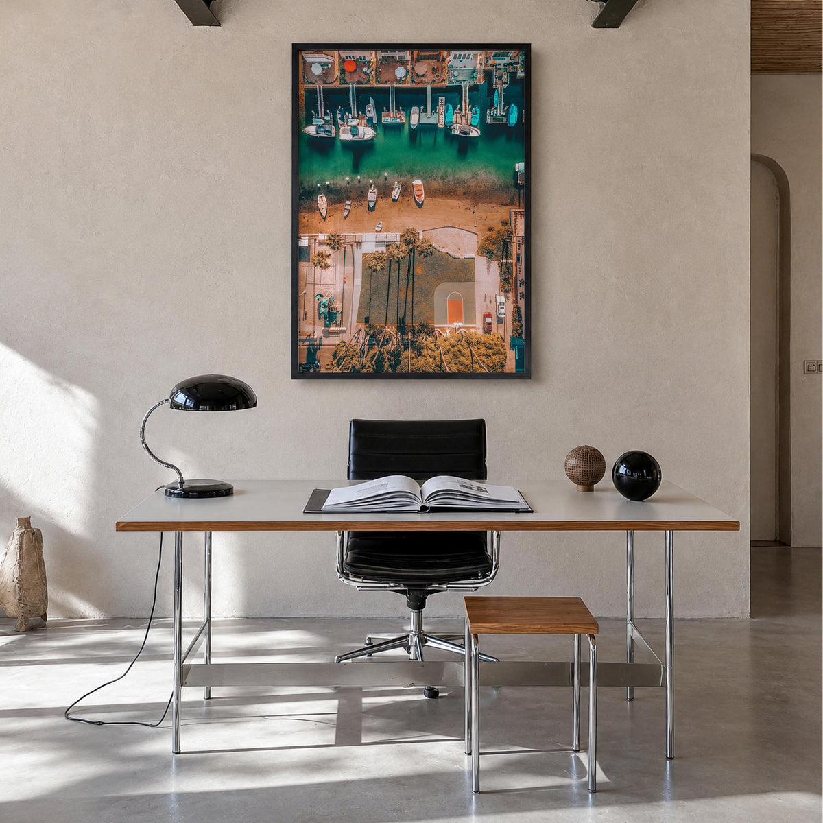 Newport Beach no. 6 colorful photo poster of California, USA – vertical wall art in black wood frame, hanging on wall