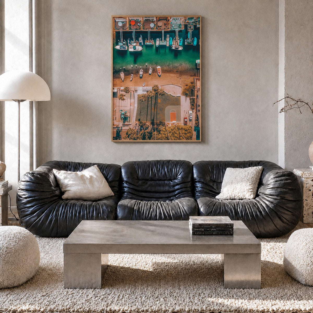 Newport Beach no. 6 colorful photo poster of California, USA – vertical wall art in natural wood frame, hanging on wall