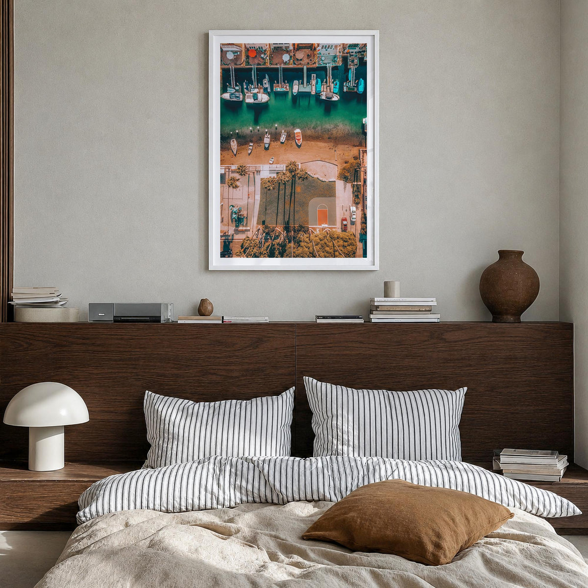 Newport Beach no. 6 colorful photo poster of California, USA – vertical wall art in white wood frame with white border, hangi