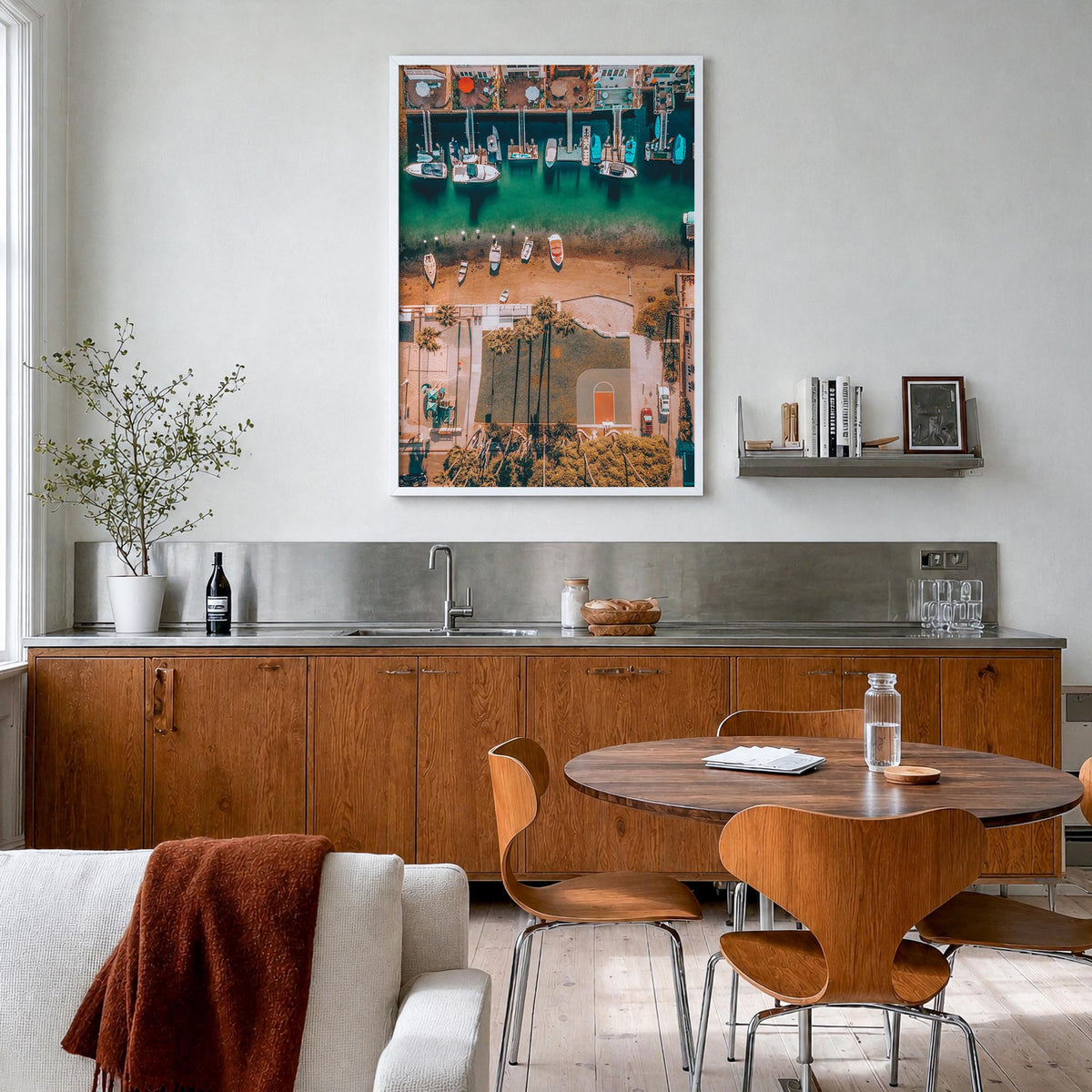 Newport Beach no. 6 colorful photo poster of California, USA – vertical wall art in white wood frame, hanging on wall