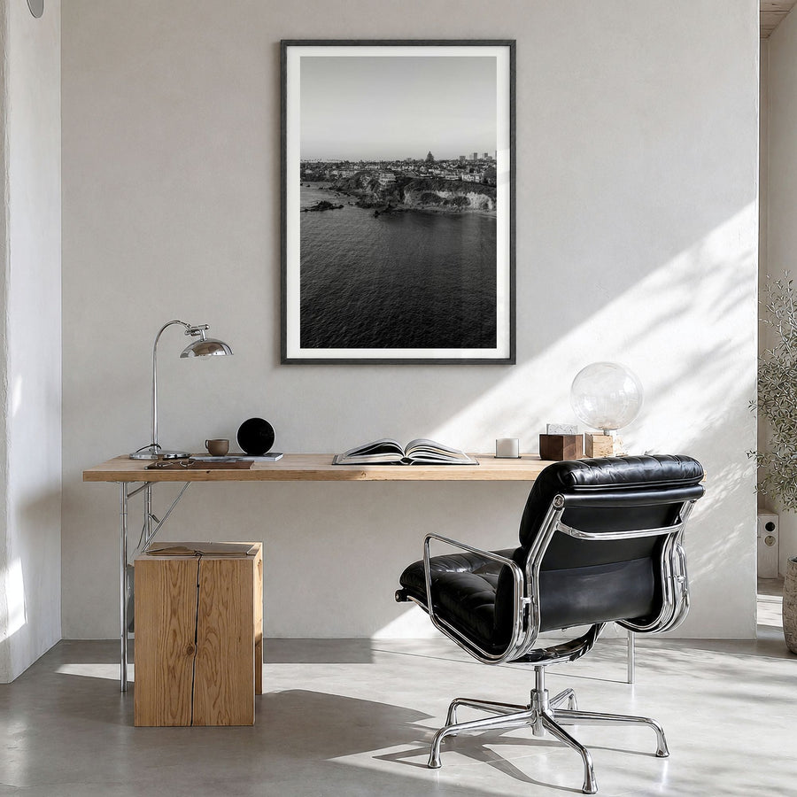 Newport Beach Photo No 1 Poster in a black wood frame, hanging in a bright home office, white border