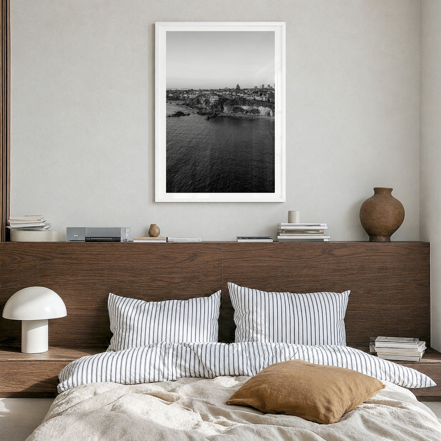 Newport Beach Photo No 1 Poster in a white wood frame, hanging in a bedroom, white border