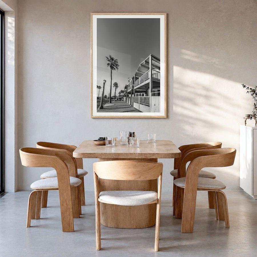 Newport Beach Photo No 2 Poster in a natural wood frame, hanging in a dining room, white border