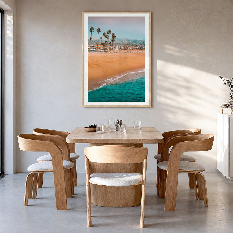 Newport Beach Photo No 1 Poster in a natural wood frame, hanging in a dining room, white border