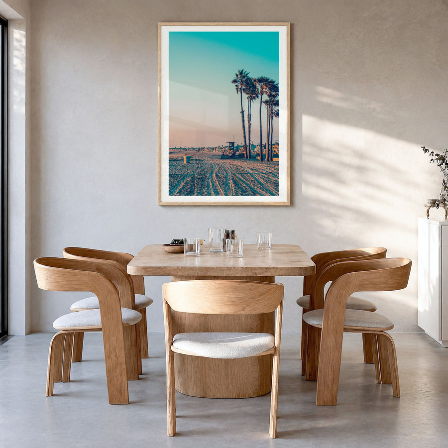 Newport Beach Photo No 2 Poster in a natural wood frame, hanging in a dining room, white border