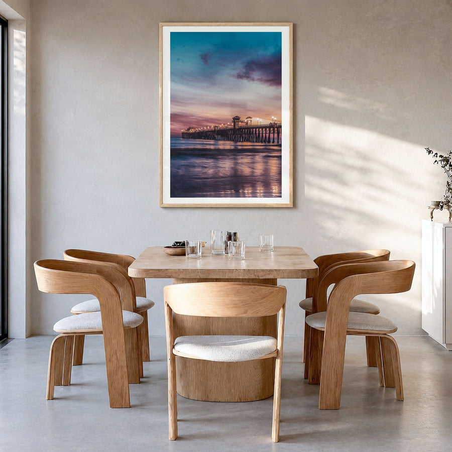 Newport Beach Photo No 3 Poster in a natural wood frame, hanging in a dining room, white border