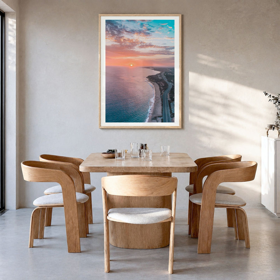 Newport Beach Photo No 4 Poster in a natural wood frame, hanging in a dining room, white border