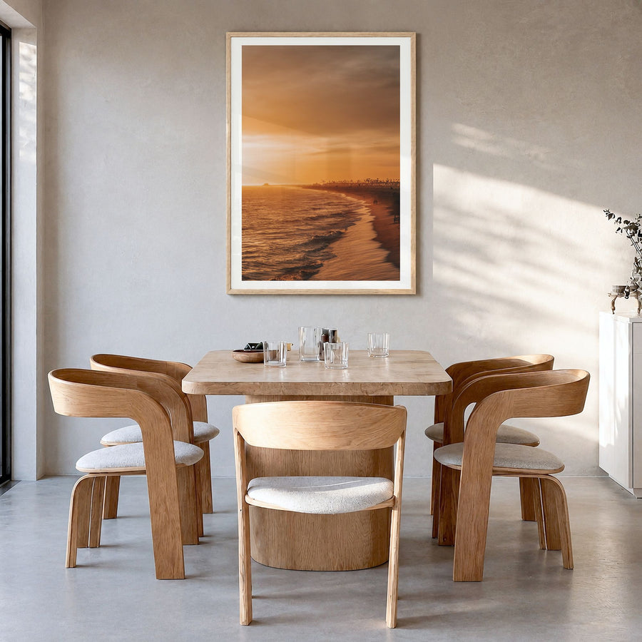 Newport Beach Photo No 5 Poster in a natural wood frame, hanging in a dining room, white border