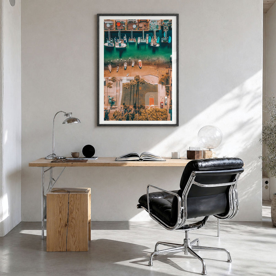 Newport Beach Photo No 6 Poster in a black wood frame, hanging in a bright home office, white border