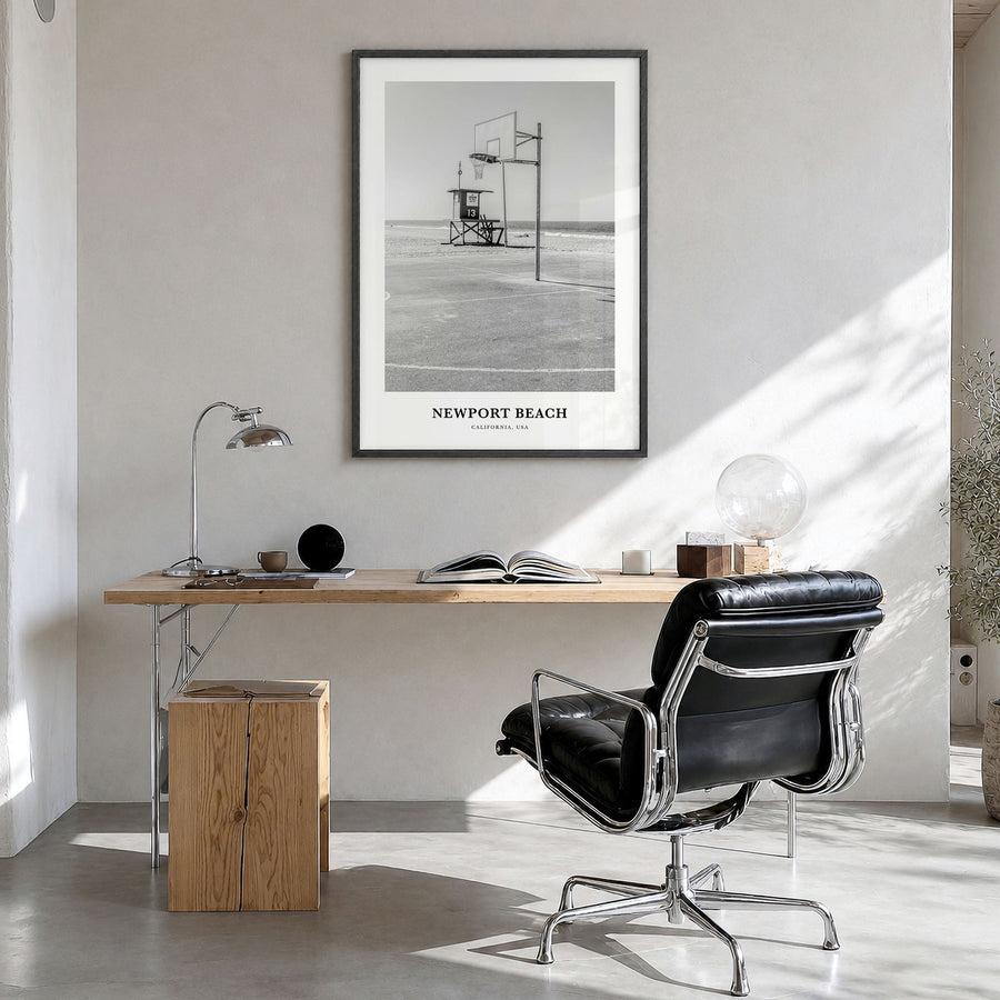 Newport Beach Classic No 2 Poster in a black wood frame, hanging in a bright home office