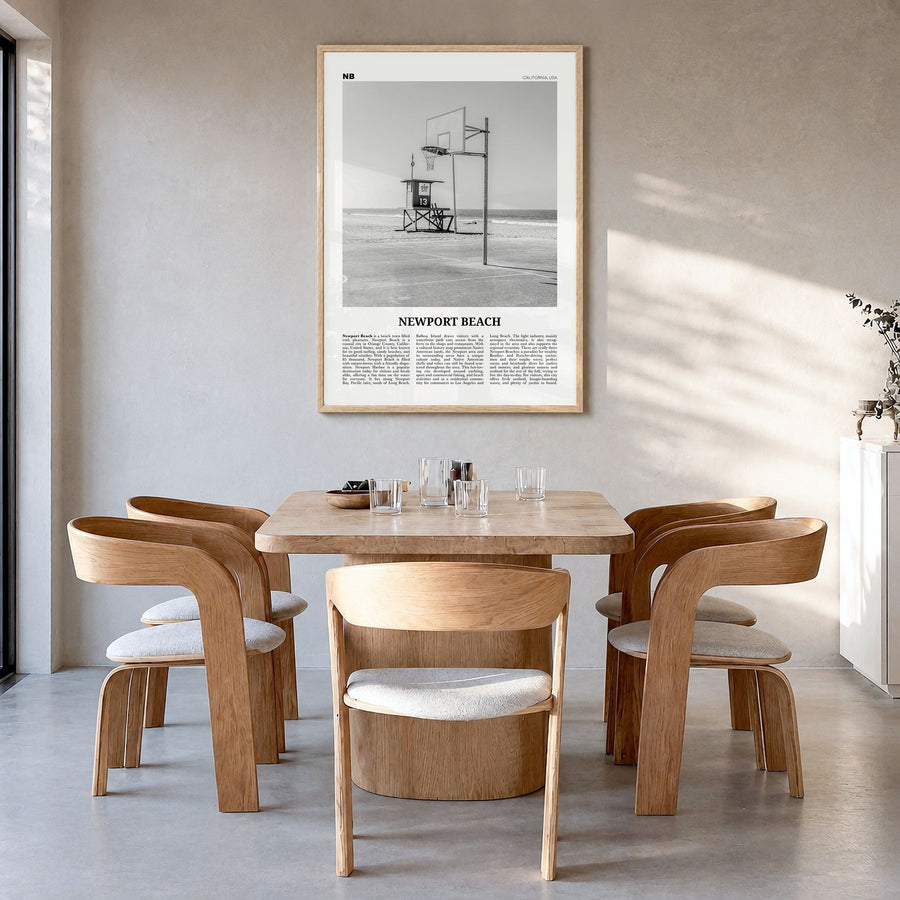 Newport Beach Newspaper No 2 Poster in a natural wood frame, hanging in a dining room