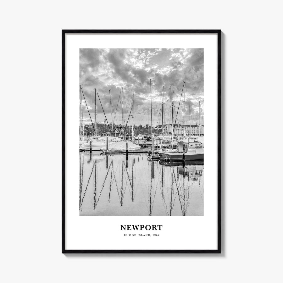 Newport black & white classic poster of Rhode Island, USA – vertical wall art, unframed print shown in interior mockup