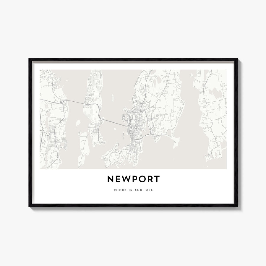 Newport black & white map poster of Rhode Island, USA – horizontal wall art, unframed print shown in interior mockup