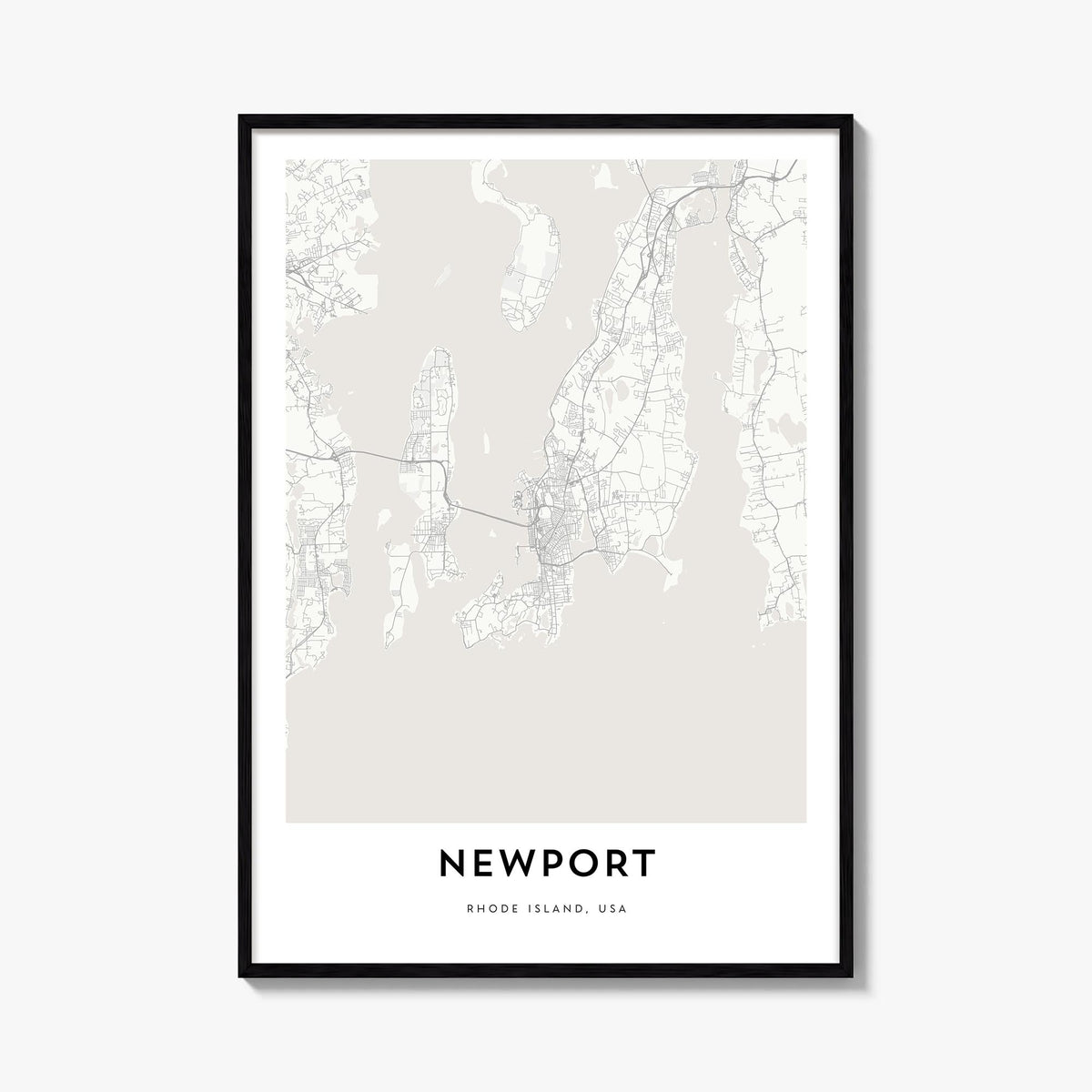 Newport black & white map poster of Rhode Island, USA – vertical wall art, unframed print shown in interior mockup
