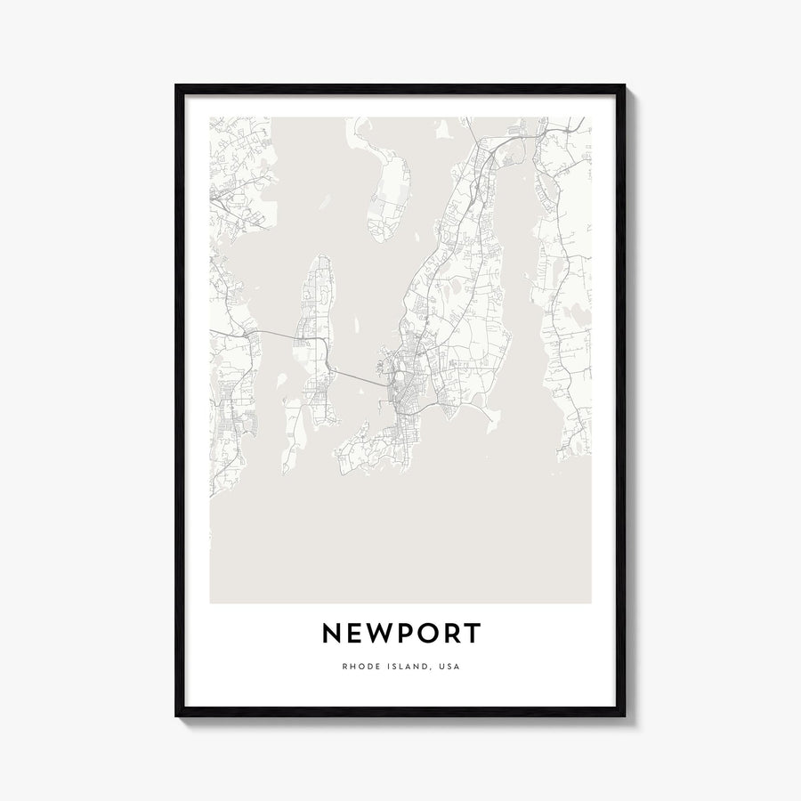Newport black & white map poster of Rhode Island, USA – vertical wall art, unframed print shown in interior mockup