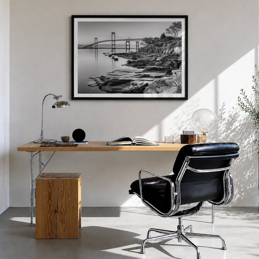 Newport black & white photo poster of Rhode Island, USA – horizontal wall art in black wood frame with white border, hanging 