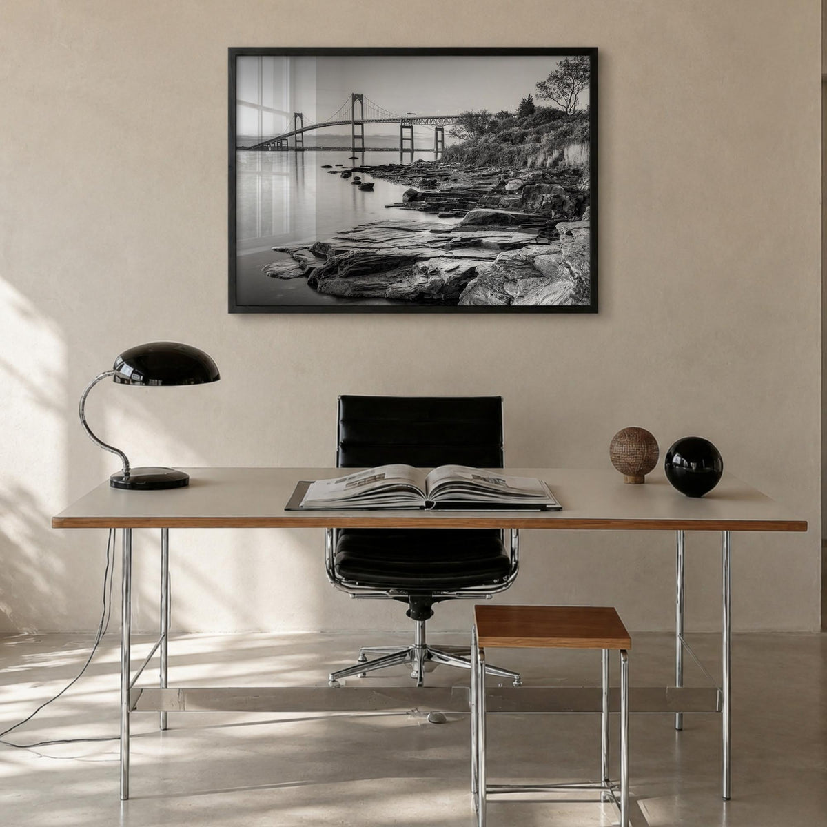 Newport black & white photo poster of Rhode Island, USA – horizontal wall art in black wood frame, hanging on wall