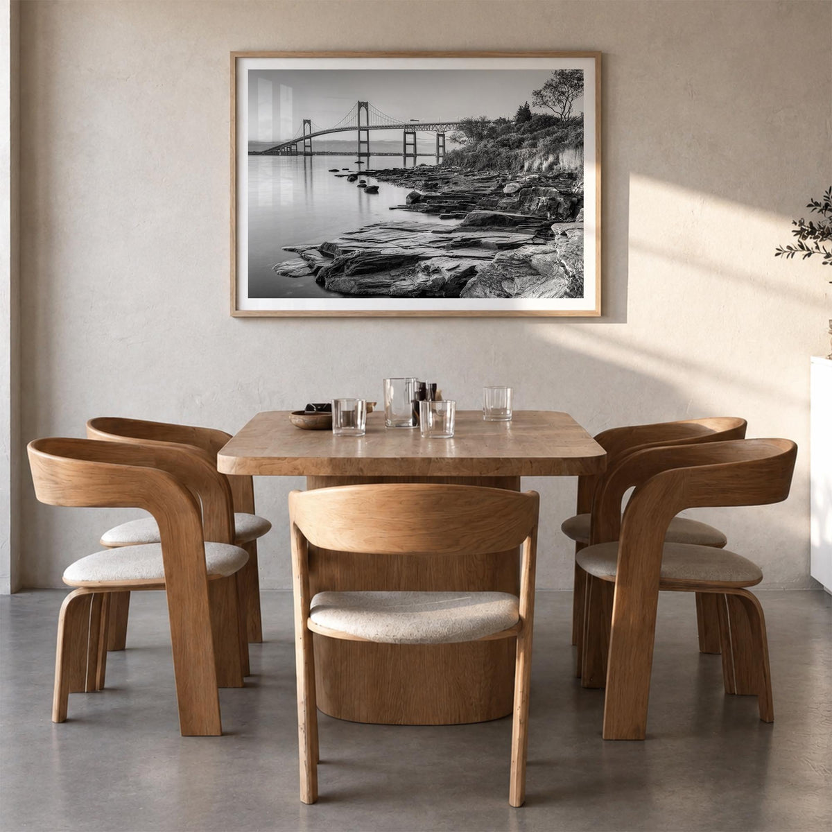 Newport black & white photo poster of Rhode Island, USA – horizontal wall art in natural wood frame with white border, hangin