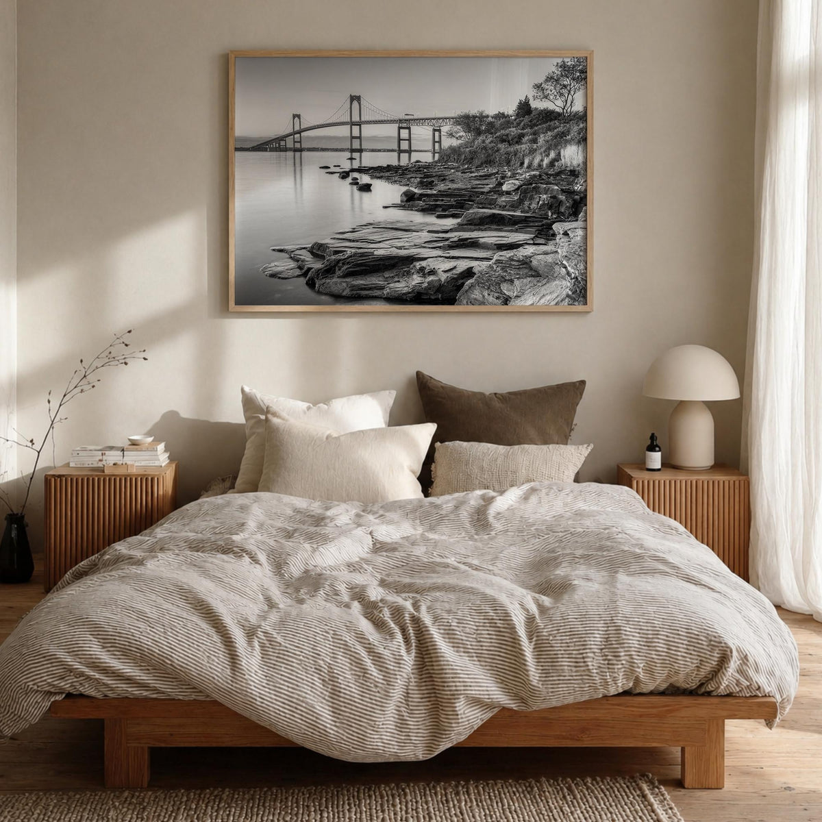 Newport black & white photo poster of Rhode Island, USA – horizontal wall art in natural wood frame, hanging on wall