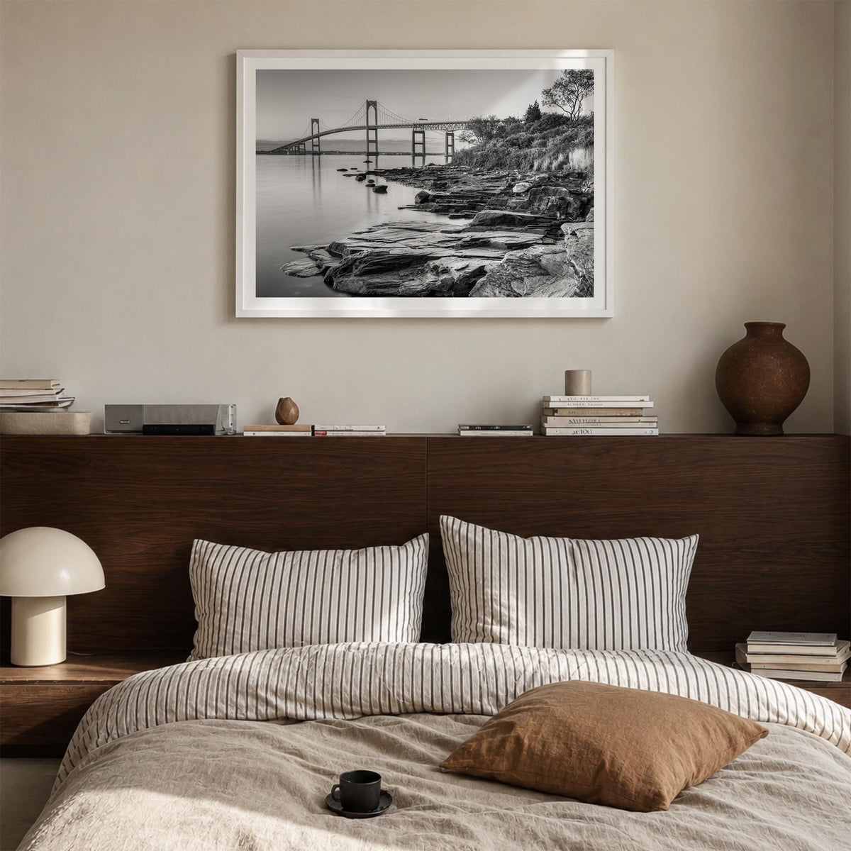 Newport black & white photo poster of Rhode Island, USA – horizontal wall art in white wood frame with white border, hanging 