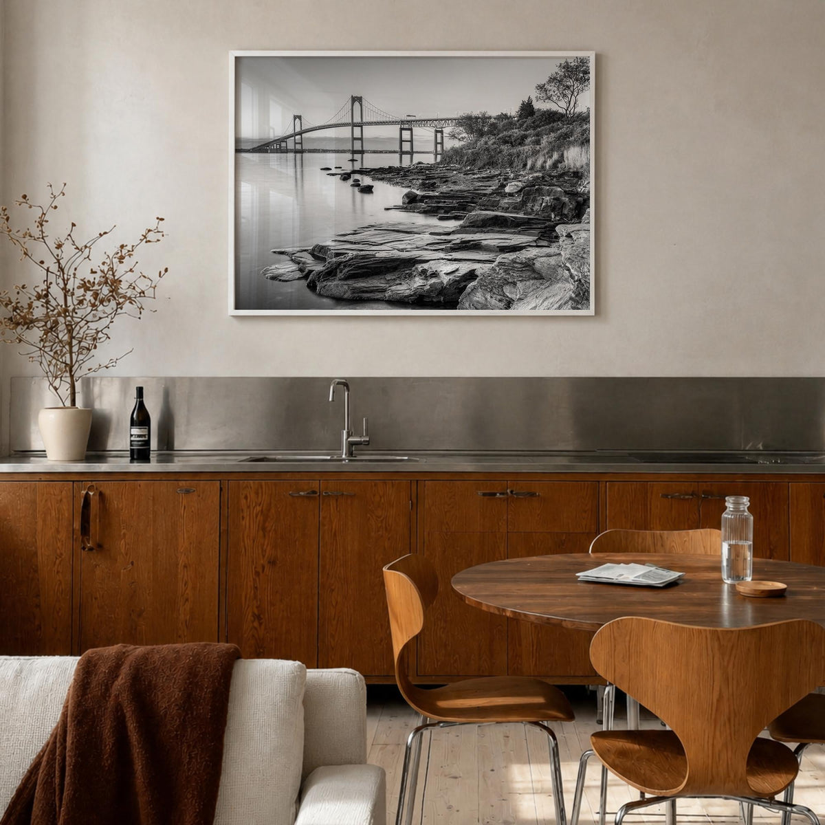 Newport black & white photo poster of Rhode Island, USA – horizontal wall art in white wood frame, hanging on wall