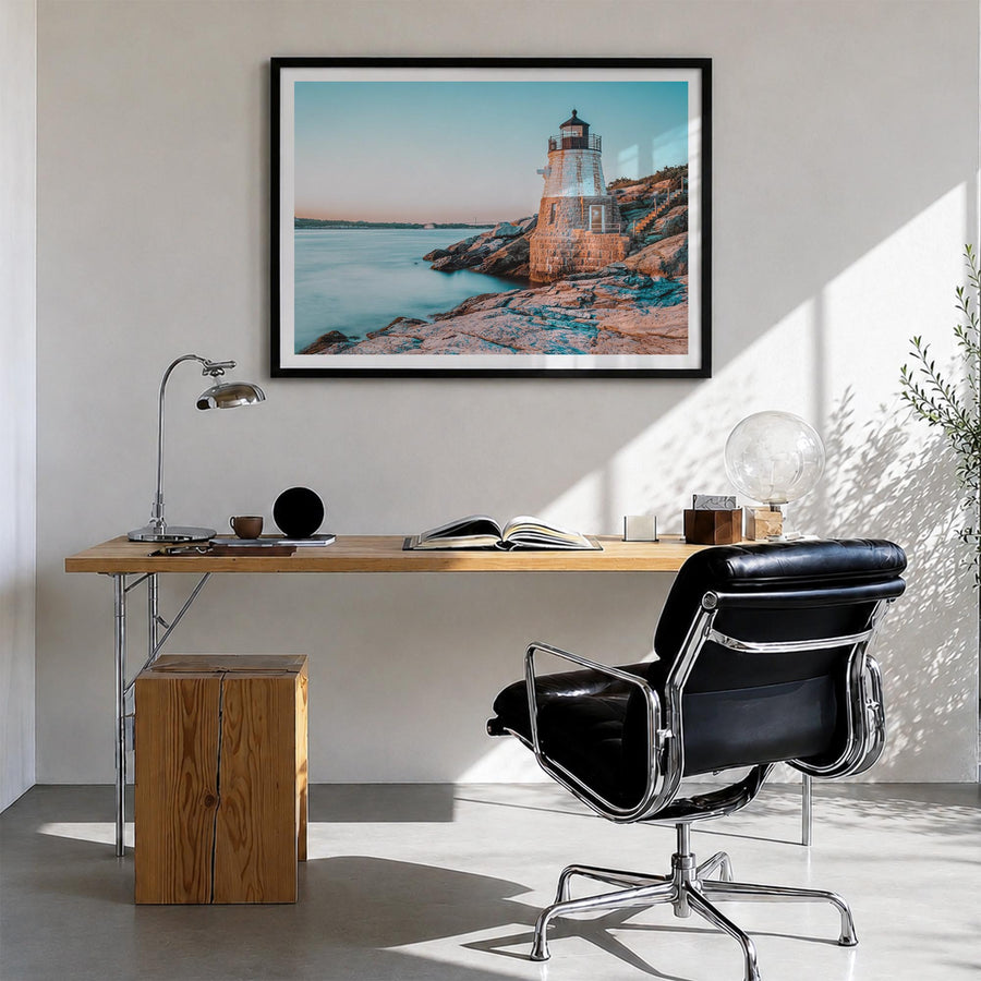 Newport colorful photo poster of Rhode Island, USA – horizontal wall art in black wood frame with white border, hanging on wa