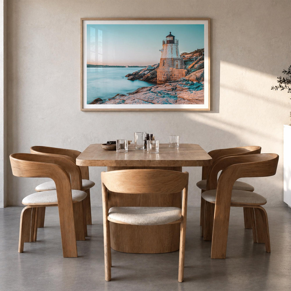 Newport colorful photo poster of Rhode Island, USA – horizontal wall art in natural wood frame with white border, hanging on 