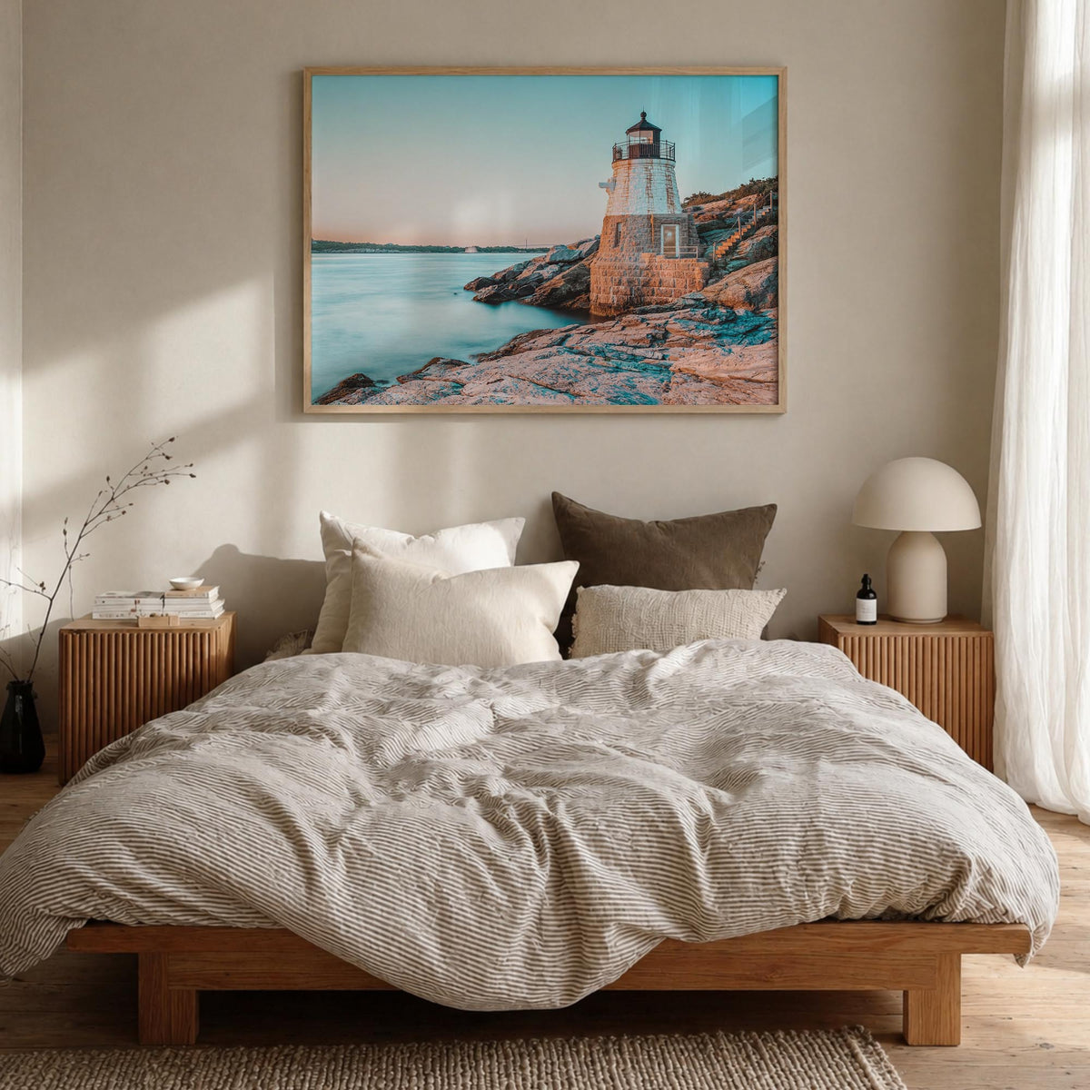 Newport colorful photo poster of Rhode Island, USA – horizontal wall art in natural wood frame, hanging on wall