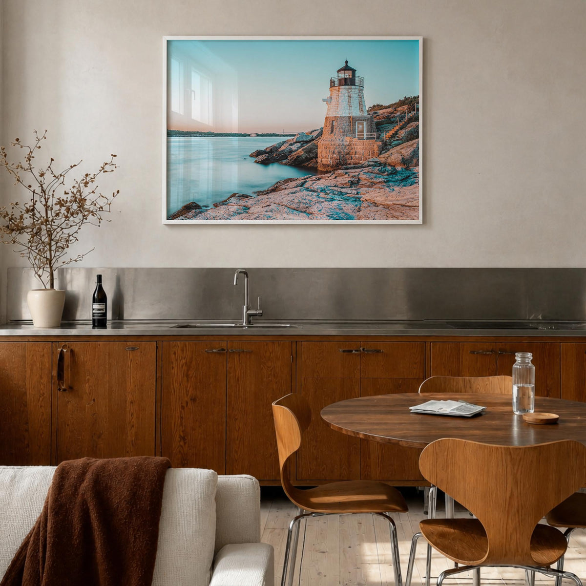 Newport colorful photo poster of Rhode Island, USA – horizontal wall art in white wood frame, hanging on wall