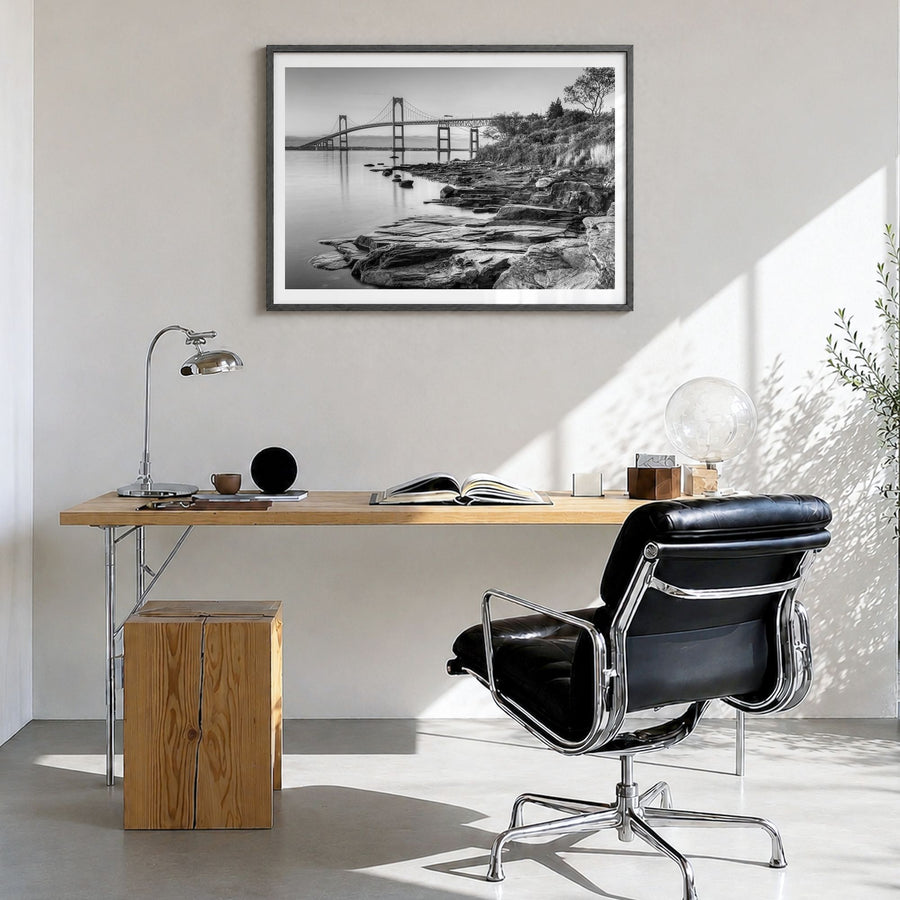 Newport, Rhode Island Photo Poster in a black wood frame, hanging in a bright home office, white border