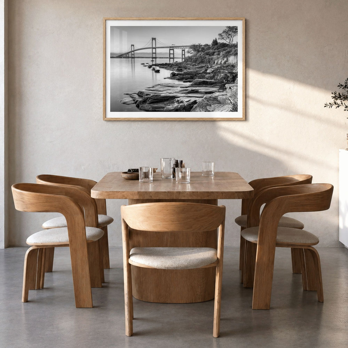 Newport, Rhode Island Photo Poster in a natural wood frame, hanging in a dining room, white border