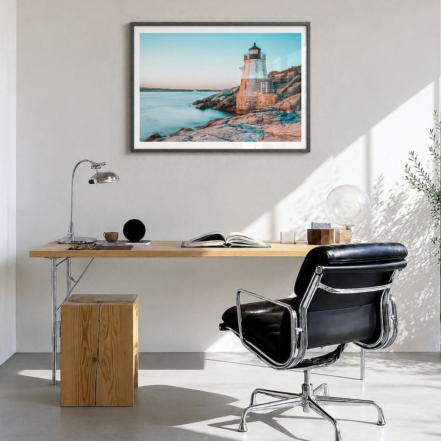 Newport, Rhode Island Photo Poster in a black wood frame, hanging in a bright home office, white border