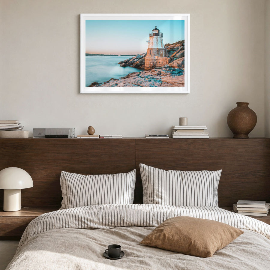 Newport, Rhode Island Photo Poster in a white wood frame, hanging in a bedroom, white border