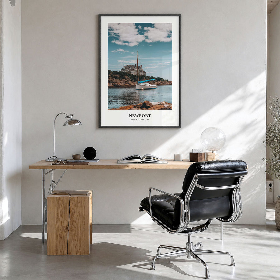 Newport, Rhode Island Classic Poster in a black wood frame, hanging in a bright home office
