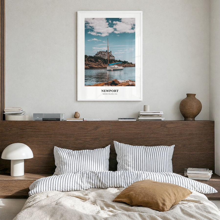 Newport, Rhode Island Classic Poster in a white wood frame, hanging in a bedroom