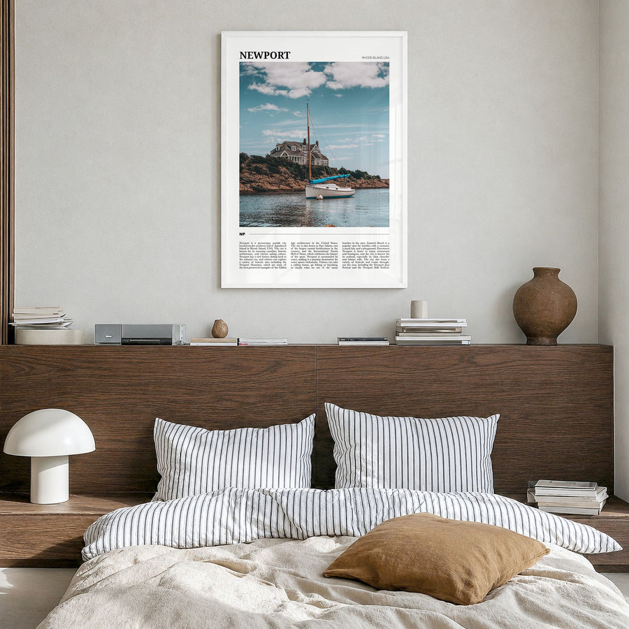 Newport, Rhode Island Travel Poster in a white wood frame, hanging in a bedroom