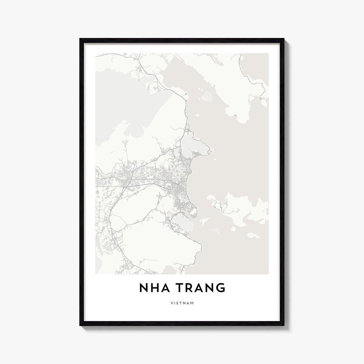 Nha Trang black & white map poster of Vietnam – vertical wall art, unframed print shown in interior mockup