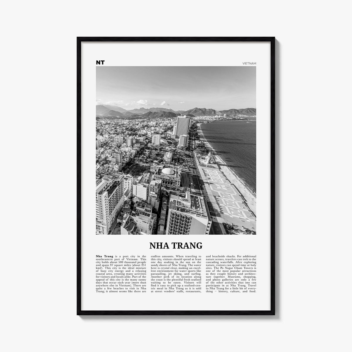 Nha Trang black & white newspaper poster of Vietnam – vertical wall art, unframed print shown in interior mockup
