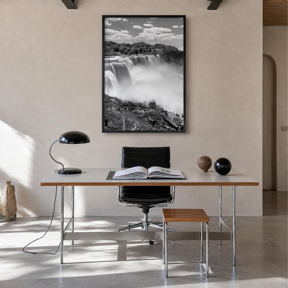 Niagara Falls black & white photo poster of North America – vertical wall art in black wood frame, hanging on wall