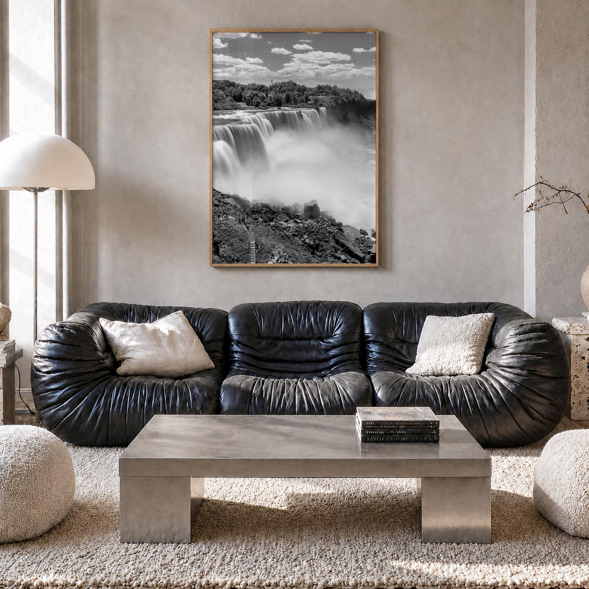 Niagara Falls black & white photo poster of North America – vertical wall art in natural wood frame, hanging on wall