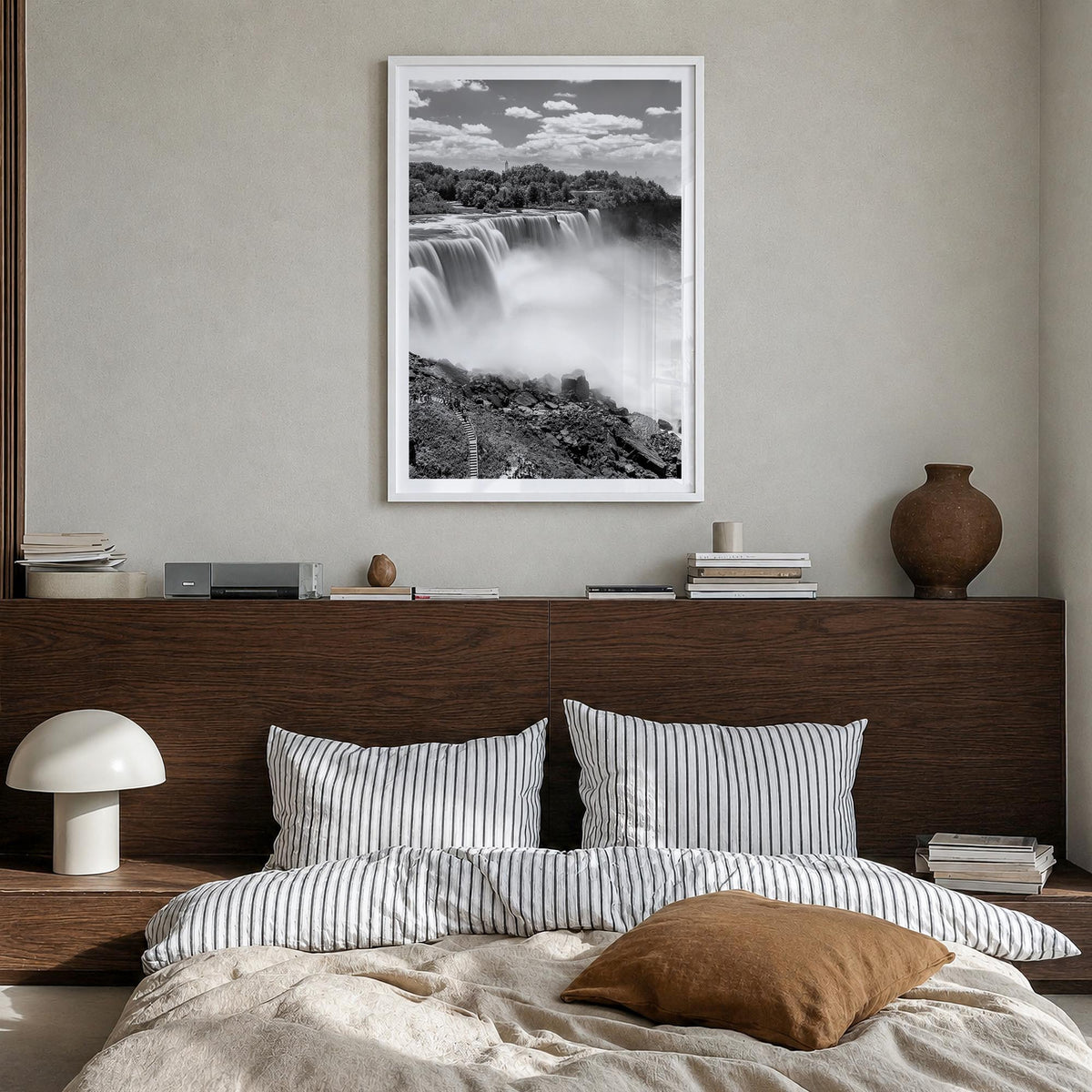 Niagara Falls black & white photo poster of North America – vertical wall art in white wood frame with white border, hanging 