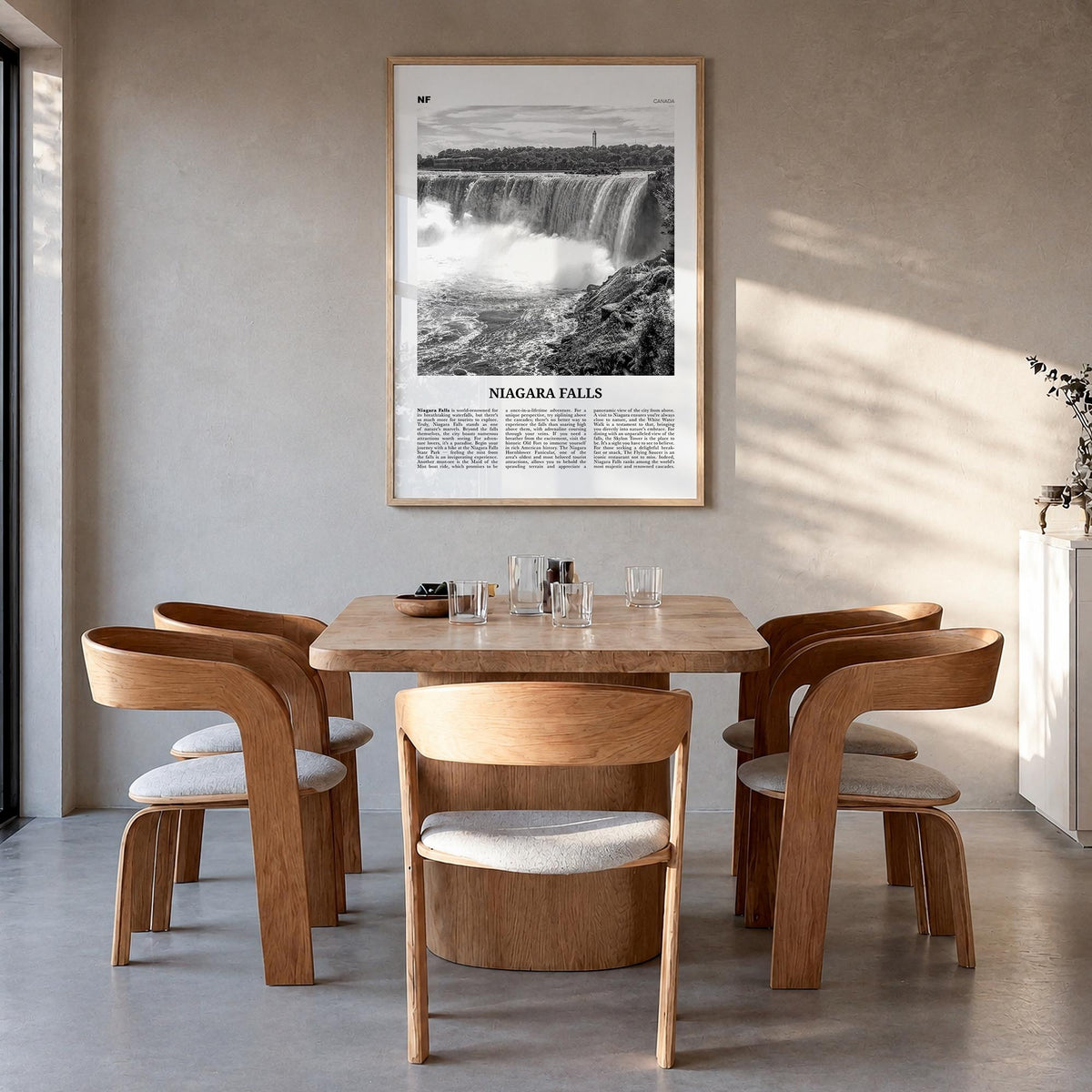 Niagara Falls no. 1 black & white newspaper poster of Canada – vertical wall art in natural wood frame, hanging on wall