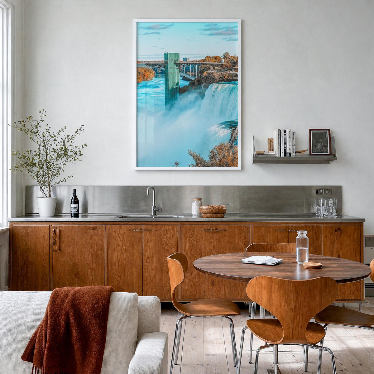 Niagara Falls colorful photo poster of North America – vertical wall art in white wood frame, hanging on wall