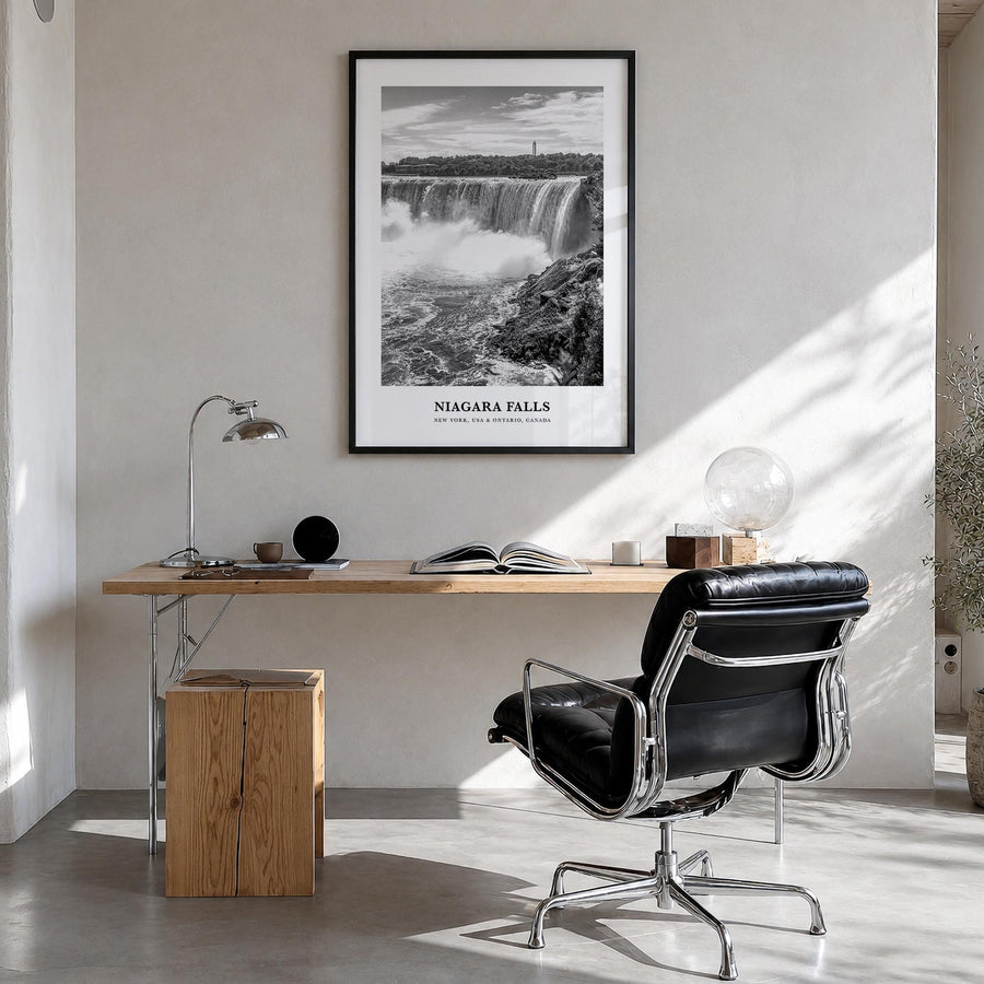 Niagara Falls black & white classic poster of North America – vertical wall art in black wood frame, hanging on wall
